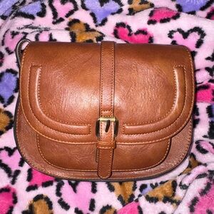 Women's Tan Brown Leather Saddle Clutch with Buckle Detail